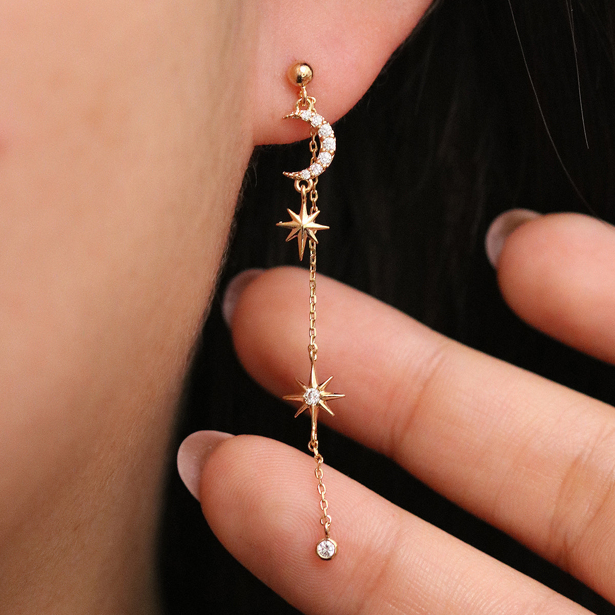 Cubic Moon Drop Chain Earrings-1